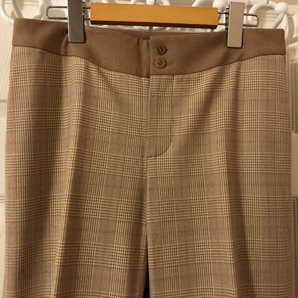 Camel And Cream Plaid Wool Blend Trousers - Picture 2 of 10